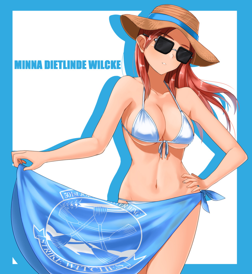 1girl bikini blush breasts groin hat highres hiroshi_(hunter-of-kct) large_breasts long_hair minna-dietlinde_wilcke navel open_mouth red_eyes redhead simple_background solo straw_hat strike_witches sunglasses swimsuit swimwear white_background white_bikini world_witches_series