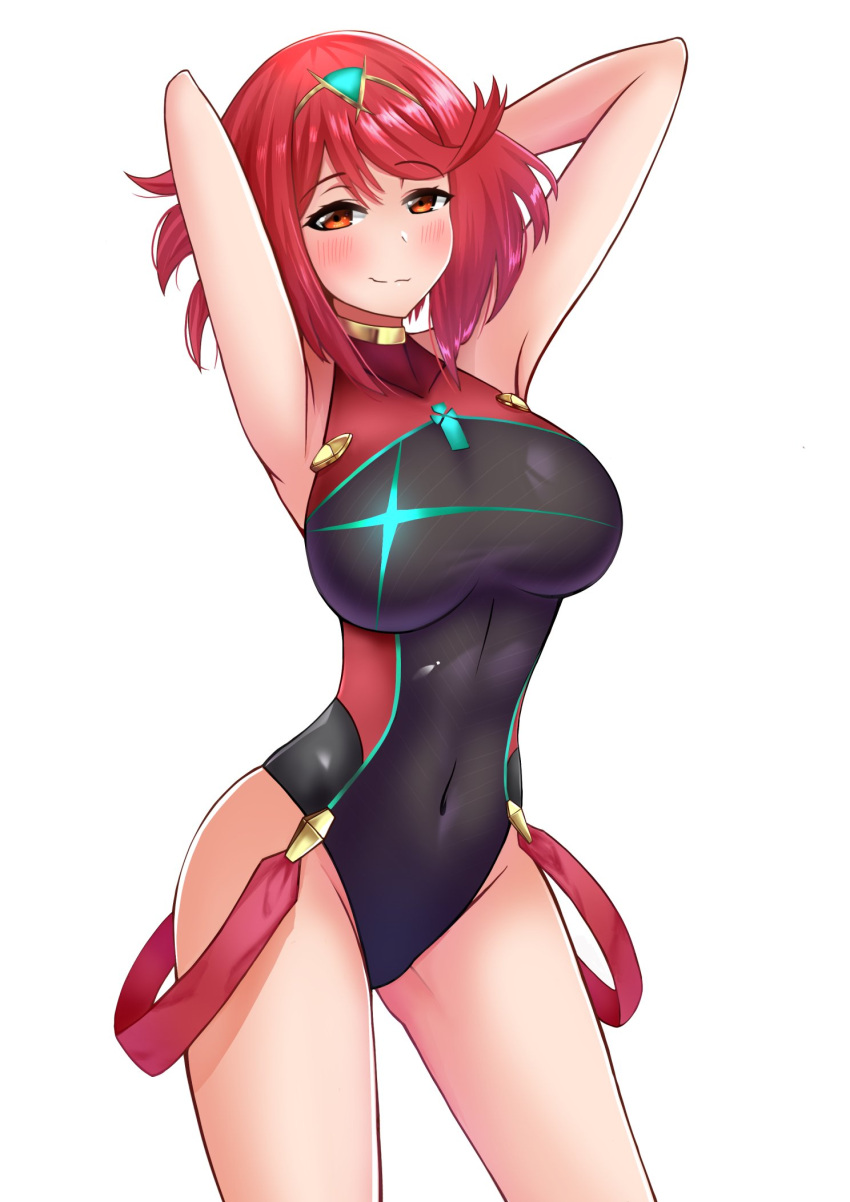 1girl armpits blush breasts covered_navel headpiece highres pyra_(xenoblade) jewelry large_breasts one-piece_swimsuit red_eyes redhead sidelocks smug solo swimsuit the_only_shoe tiara xenoblade_(series) xenoblade_2