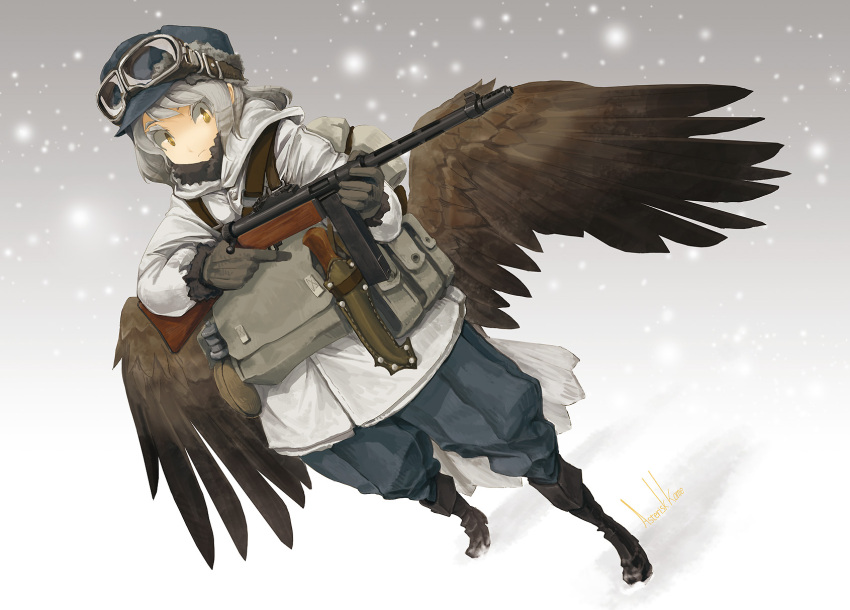 1girl asterisk_kome brown_wings canteen dagger dutch_angle gloves goggles goggles_on_headwear gun hat highres holding holding_gun holding_weapon military military_hat military_uniform original sheath sheathed silver_hair snow snowing solo submachine_gun suomi_kp/-31 uniform weapon winged_fusiliers wings winter_clothes yellow_eyes