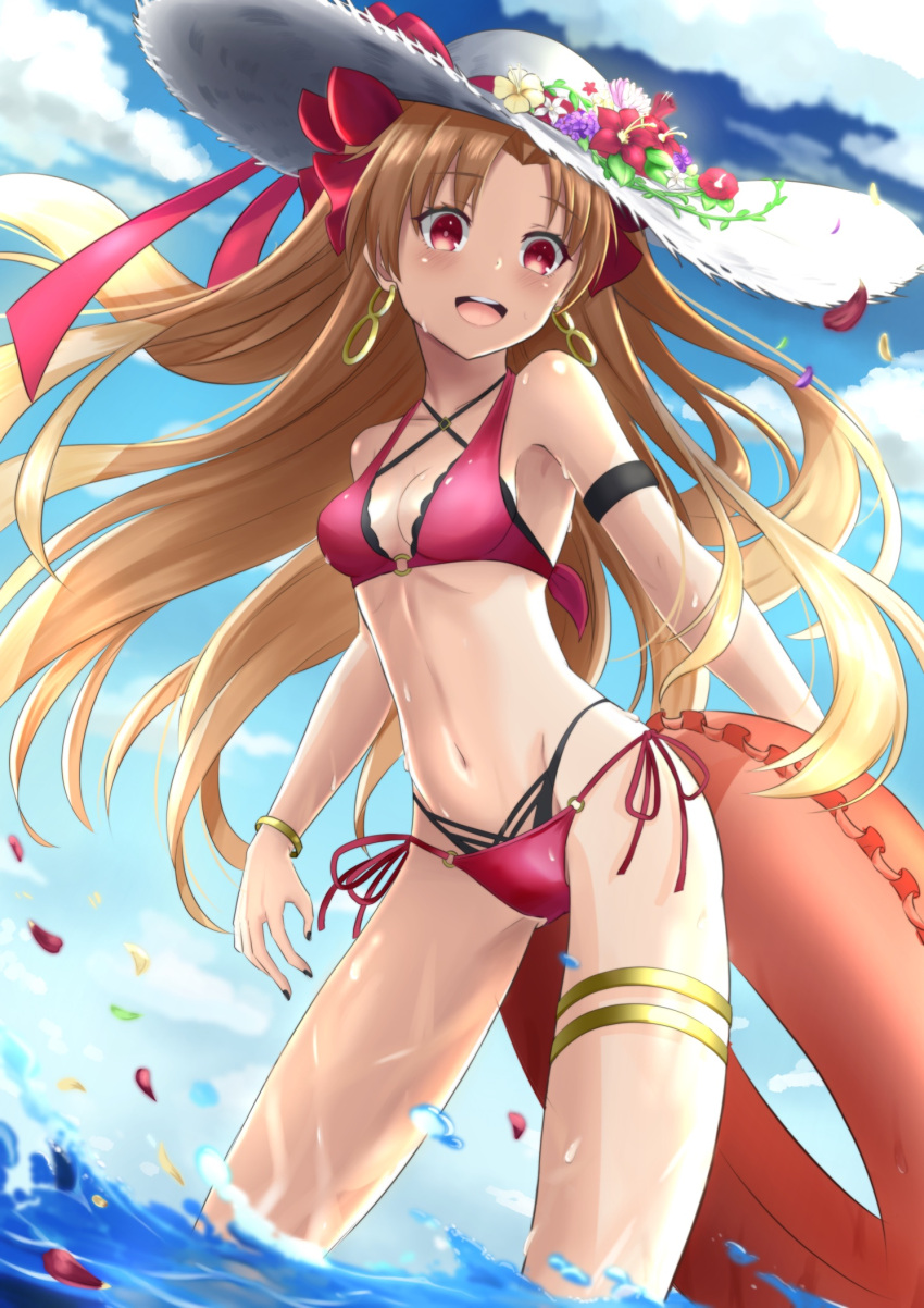 1girl bangs bare_shoulders bikini black_nails blonde_hair blush bracelet commentary_request day earrings ereshkigal_(fate/grand_order) fate/grand_order fate_(series) fingernails hat highres jewelry lifebuoy long_hair maoyuese nail_polish ocean open_mouth parted_bangs red_bikini red_eyes solo swimsuit upper_teeth