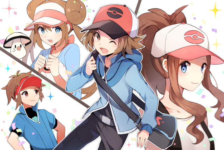 2boys 2girls bag bare_shoulders baseball_cap belt black_(pokemon) black_pants black_shirt black_vest blue_eyes blue_jacket blush brown_eyes brown_hair closed_mouth collarbone confetti double_bun foongus hand_up hands_on_hips hands_up happy hat high_ponytail highres jacket lack-two_(pokemon) light_blush long_hair long_sleeves looking_at_viewer multiple_boys multiple_girls one_eye_closed open_mouth outline pants pink_headwear poke_ball_symbol poke_ball_theme pokemon pokemon_(creature) pokemon_special ponytail red_headwear shirt short_hair short_sleeves simple_background sleeveless sleeveless_shirt smile sparkle standing teeth tied_hair twintails upper_body vest visor_cap whi-two_(pokemon) white_(pokemon) white_background white_outline white_shirt yuhi_(hssh_6)