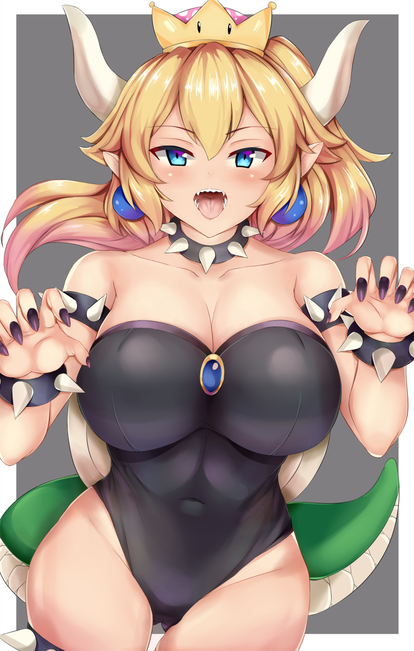1girl ass_visible_through_thighs bangs bare_shoulders black_leotard blonde_hair blue_earrings blush border bowsette bracelet breasts brooch claw_pose collar collarbone commentary covered_navel cowboy_shot crown english_commentary fingernails grey_background hair_between_eyes highres horns impossible_clothes impossible_leotard jewelry large_breasts leotard long_ponytail looking_at_viewer super_mario_bros. nail_polish navel new_super_mario_bros._u_deluxe open_mouth outside_border pixcel purple_nails sharp_fingernails sharp_teeth shell shiny shiny_hair shiny_skin sidelocks simple_background solo spiked_bracelet spiked_collar spikes super_crown tail teeth thigh_gap thighs tongue white_border wide_hips