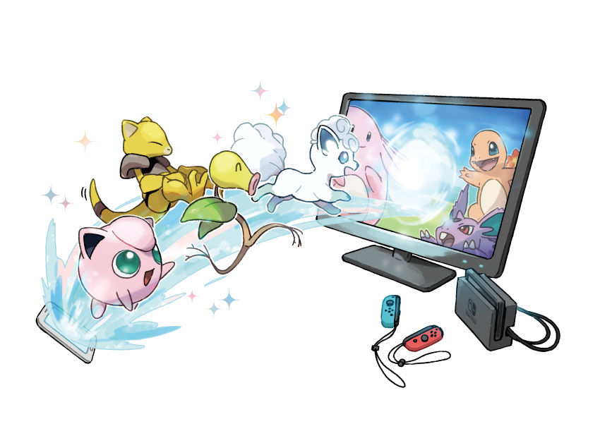 abra absurdres alolan_form alolan_vulpix aqua_eyes artist_request bellsprout blue_eyes cellphone chansey charmander claws closed_eyes closed_mouth computer controller creatures_(company) english_text fangs fire full_body game_console game_controller game_freak gen_1_pokemon happy highres jigglypuff joy-con jumping nidoran nintendo nintendo_switch no_humans official_art open_mouth outline phone pokemon pokemon_(creature) pokemon_(game) pokemon_go pokemon_lgpe red_eyes smartphone smile sparkle transparent_background white_outline