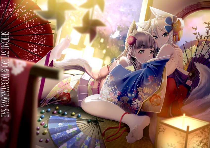 2girls animal_ears bangs bare_back bare_legs bare_shoulders barefoot black_eyes black_hair blunt_bangs blush casino_(casinoep) character_name closed_mouth eyebrows_visible_through_hair fan feet floral_print flower folding_fan fox_ears fox_girl fox_tail grey_eyes hagoromo_komachi_(idolmaster) hair_between_eyes hair_flower hair_ornament highres hug idolmaster idolmaster_cinderella_girls japanese_clothes jewelry kimono kobayakawa_sae lantern long_hair looking_at_viewer lying multiple_girls multiple_tails obi off_shoulder on_stomach paper_fan paper_lantern parted_bangs pinwheel sash shiomi_shuuko short_hair silver_hair sitting smile soles tail tatami toes wariza wide_sleeves