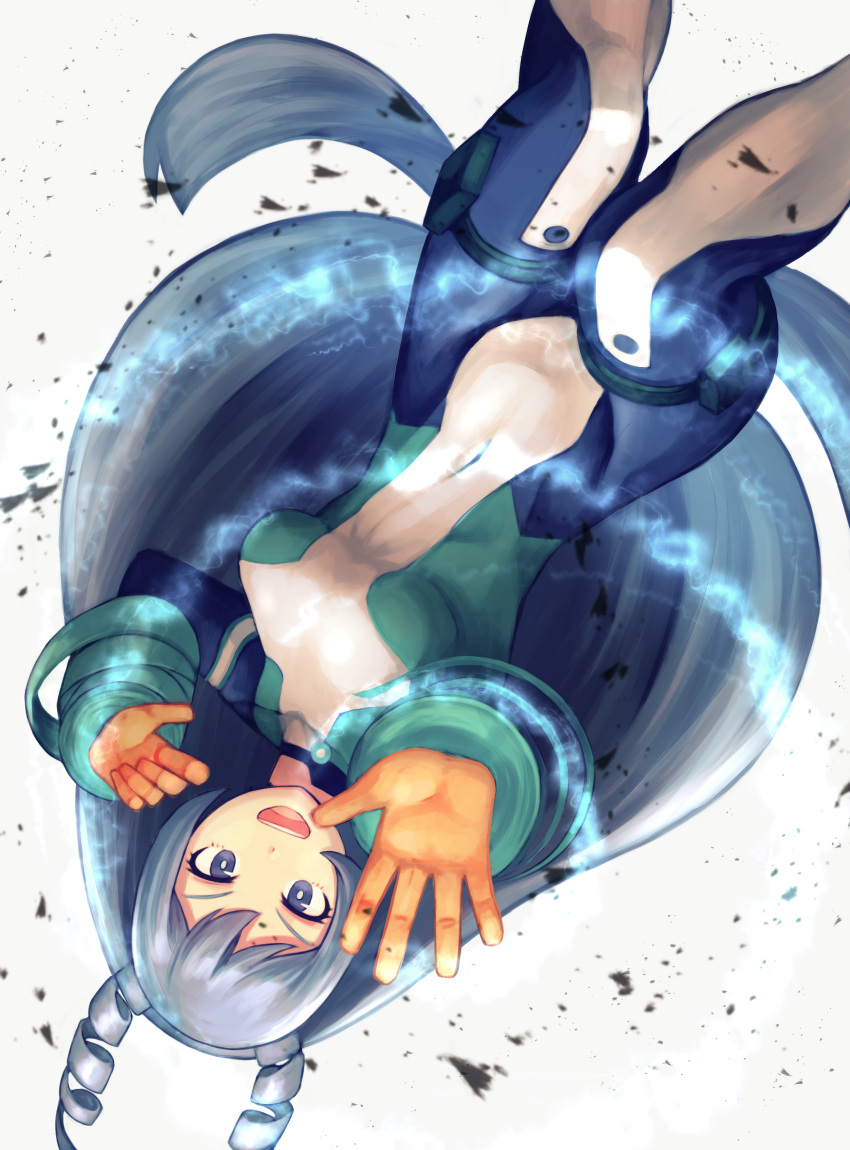 1girl absurdres bangs blue_eyes blue_hair bodysuit boku_no_hero_academia breasts commentary_request covered_navel feet_out_of_frame gloves hadou_nejire hakase_(kamakura0117) highres horns long_hair looking_at_viewer medium_breasts orange_gloves pouch simple_background smile solo thigh_strap upper_teeth upside-down very_long_hair