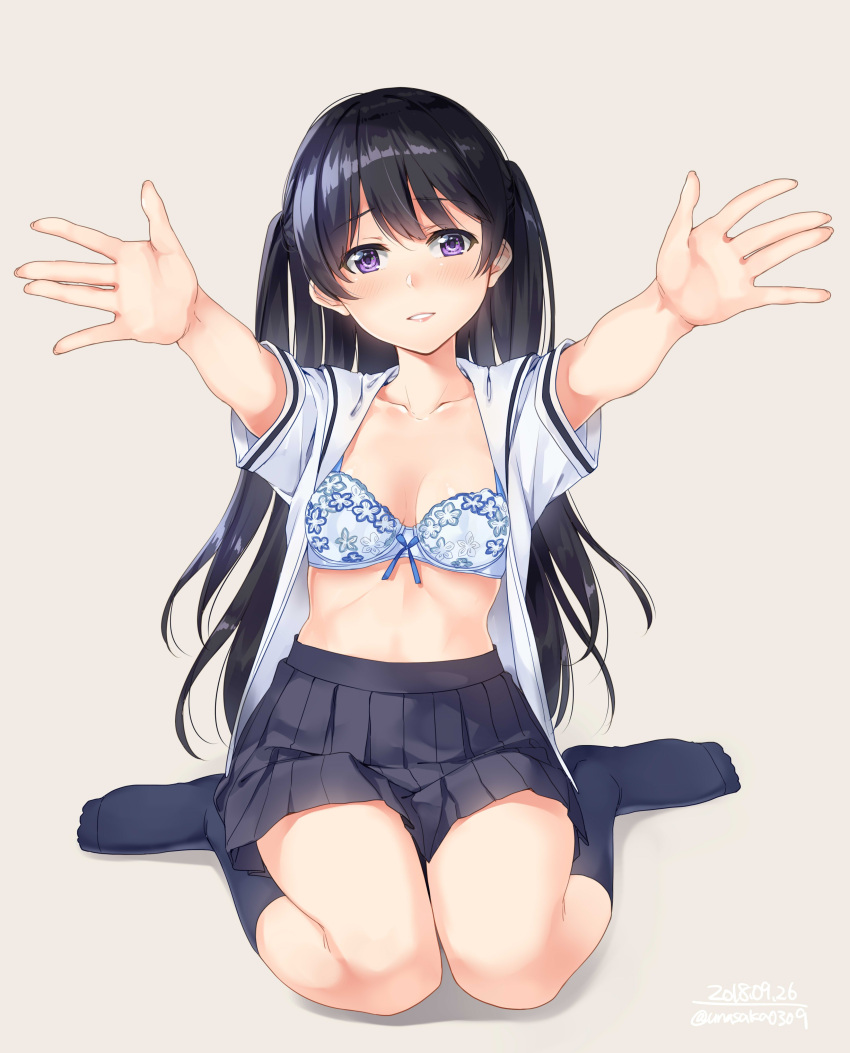 1girl absurdres bangs beige_background black_hair black_legwear black_skirt blue_bra blush bra breasts breasts_apart collarbone full_body highres kneehighs lingerie long_hair looking_at_viewer miniskirt no_shoes open_clothes open_shirt original outstretched_arms parted_lips pleated_skirt school_uniform shirt short_sleeves simple_background sitting skirt solo teeth two_side_up unasaka_ryou underwear violet_eyes wariza white_shirt