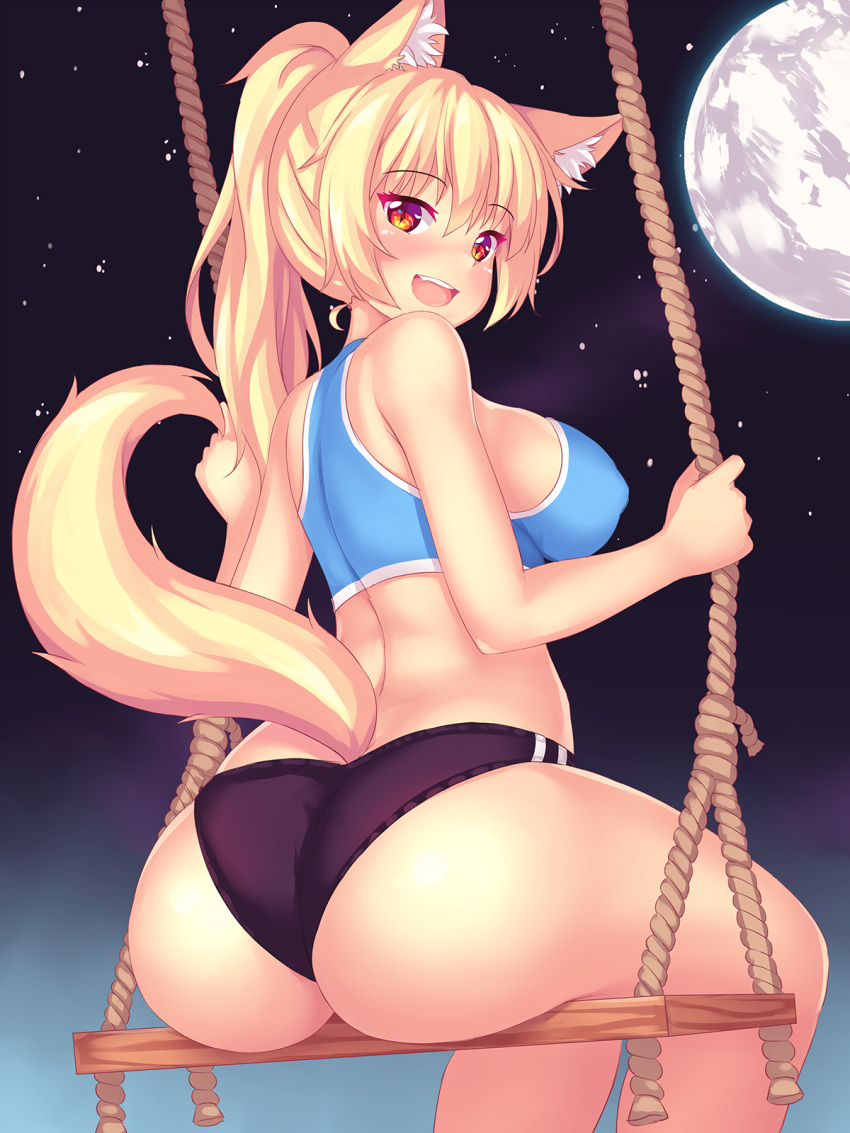 1girl animal_ear_fluff animal_ears ass blonde_hair blush breasts buruma cat_ears cat_tail eyebrows_visible_through_hair fast-runner-2024 from_behind full_moon highres large_breasts long_hair looking_at_viewer looking_back moon open_mouth original ponytail red_eyes sitting sky slit_pupils solo sports_bra star_(sky) starry_sky swing tail tiffy