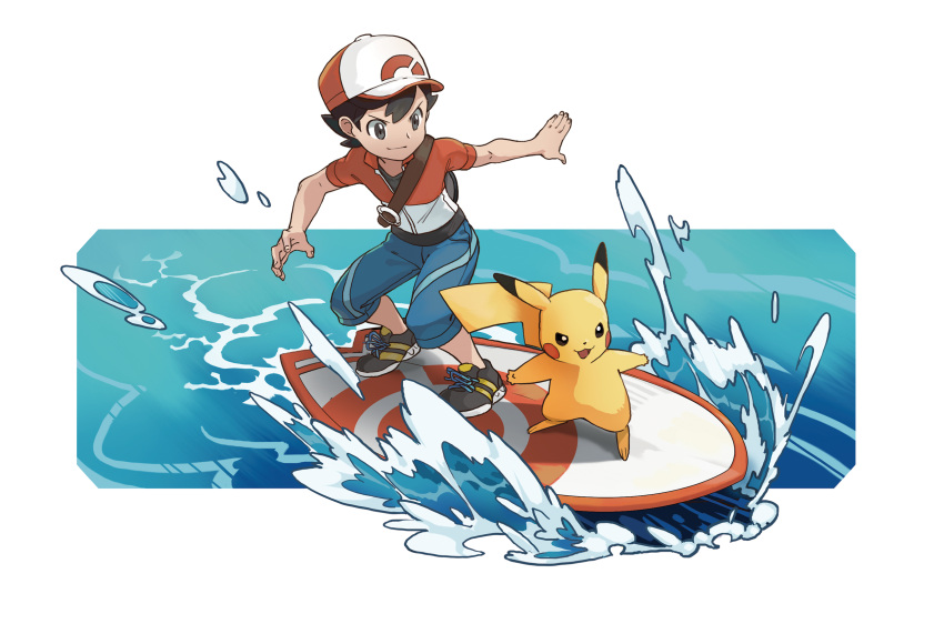 1boy :3 artist_request backpack bag baseball_cap black_eyes black_hair blue_shorts blush_stickers child commentary english_commentary full_body gen_1_pokemon hand_up happy hat highres kakeru_(pokemon) male_focus official_art open_mouth outline outstretched_arm pikachu poke_ball_symbol poke_ball_theme pokemon pokemon_(creature) pokemon_(game) pokemon_lgpe red_headwear red_shirt shirt shoes short_hair short_sleeves shorts smile standing surfboard surfing transparent_background undershirt water white_outline yellow_footwear