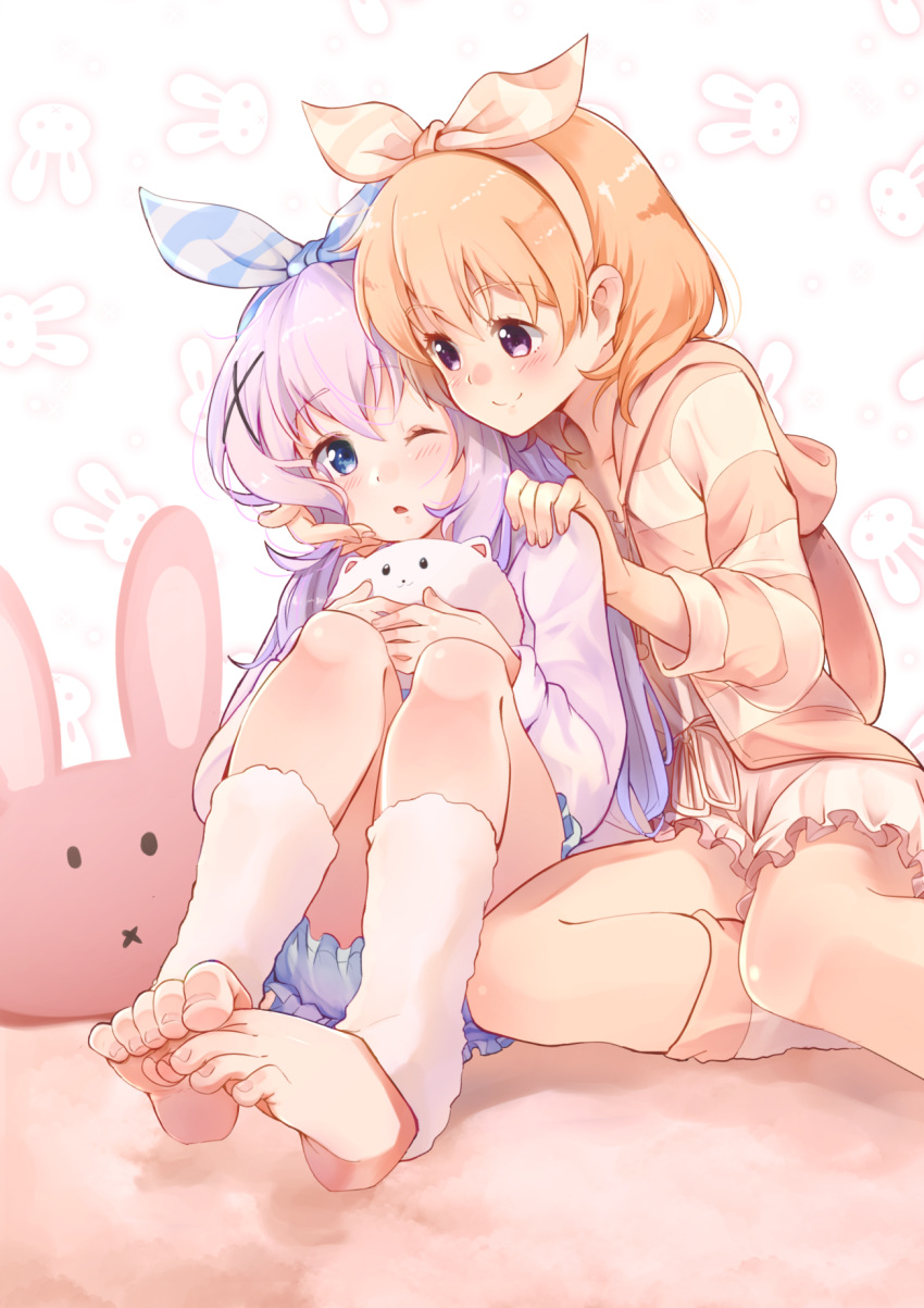 2girls ;o angora_rabbit animal bangs barefoot blue_bow blue_eyes blush bow casino_(casinoep) closed_mouth eyebrows_visible_through_hair feet gochuumon_wa_usagi_desu_ka? hair_ornament hairclip hands_on_another's_shoulders highres hood hoodie hoto_cocoa kafuu_chino leg_warmers light_blue_hair long_hair long_sleeves looking_at_another loungewear multiple_girls one_eye_closed open_mouth orange_hair pink_eyes rabbit short_hair sitting skirt smile soles striped_hoodie tippy_(gochiusa) toe_scrunch toes x_hair_ornament