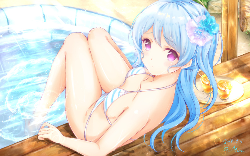 1girl artist_name bang_dream! bangs bare_arms bare_legs bare_shoulders barefoot bikini blue_hair breasts closed_mouth collarbone commentary dated day drink eyebrows_visible_through_hair feet flower hair_flower hair_ornament hello_happy_world! highres ice knees_together_feet_apart legs_together light_blue_hair long_hair looking_at_viewer masa_(mirage77) matsubara_kanon outdoors pool raised_eyebrows rock signature sitting soaking_feet solo striped striped_bikini striped_swimsuit sunlight swimsuit thigh_gap thighs violet_eyes wallpaper water wet white_bikini