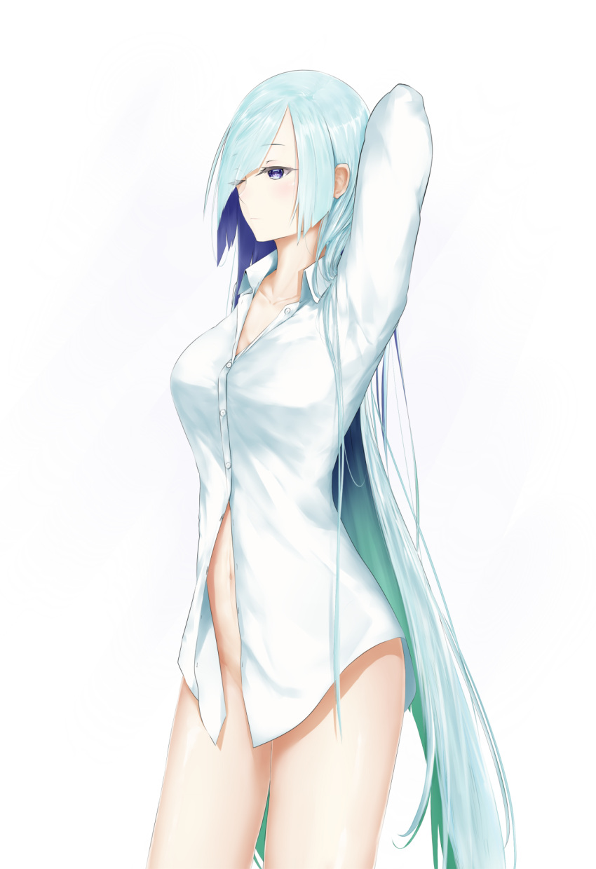 1girl aqua_hair bare_legs blue_eyes breasts brynhildr_(fate) closed_mouth collarbone commentary dress_shirt eyebrows_visible_through_hair fate/prototype fate/prototype:_fragments_of_blue_and_silver fate_(series) feet_out_of_frame highres long_hair long_sleeves medium_breasts naked_shirt navel one_eye_closed shiny shiny_hair shirt solo stomach suguru_(a129214673) thighs unbuttoned unbuttoned_shirt very_long_hair white_shirt