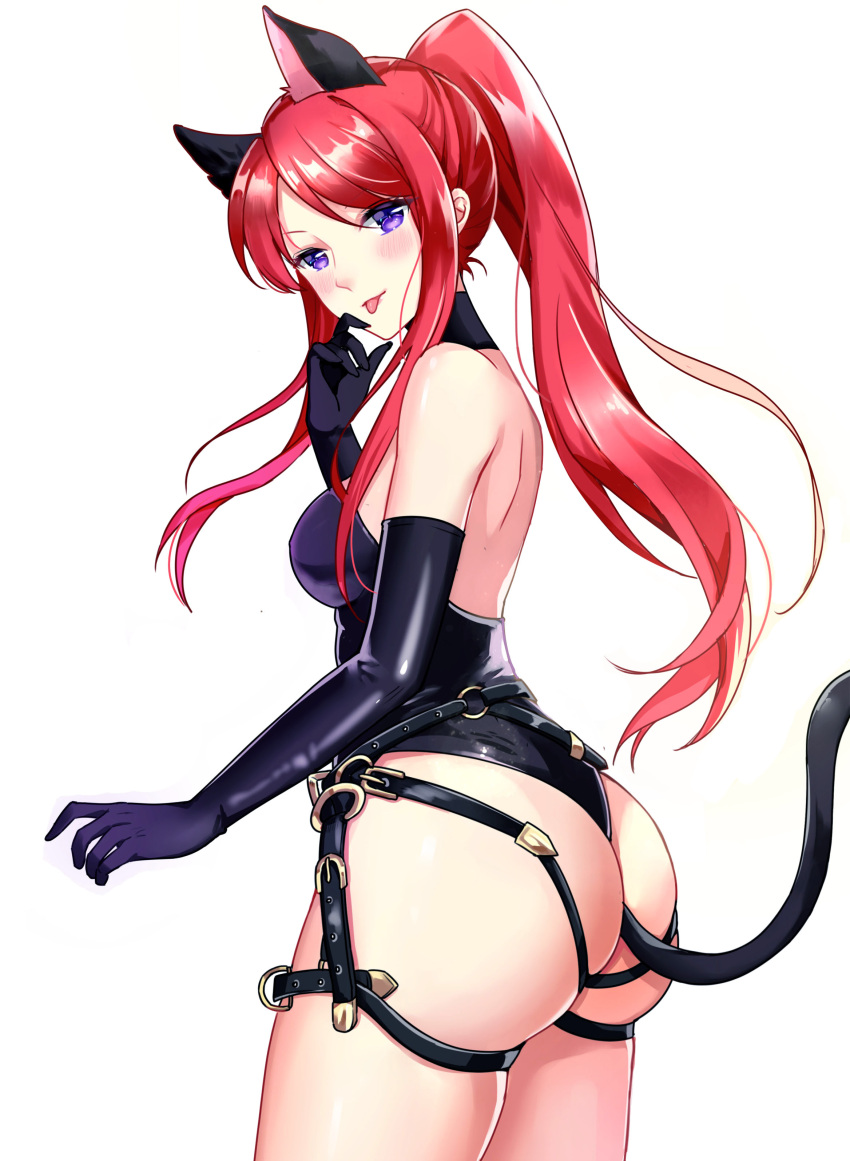 1girl absurdres animal_ears ass back bangs bare_shoulders blush bondage_outfit breasts buckle cat_ears cat_tail choker cowboy_shot elbow_gloves finger_licking from_behind gloves hand_up harness head_tilt high_ponytail highres leotard licking long_hair looking_at_viewer looking_back medium_breasts original parted_bangs ponytail redhead ruan_tao shiny shiny_clothes shiny_skin shoulder_blades sidelocks simple_background skindentation solo tail thong_leotard tongue tongue_out twisted_torso violet_eyes