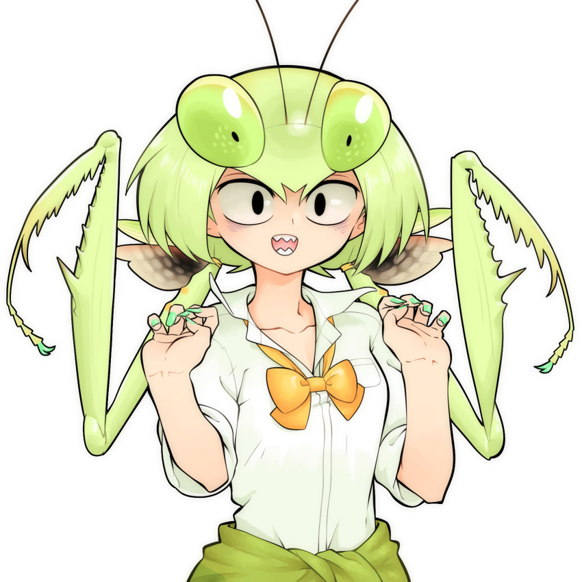 1girl :d antennae black_eyes bow bowtie claw_pose clothes_around_waist collared_shirt evolvingmonkey green_hair green_nails hands_up highres insect_girl looking_at_viewer mantis_akiyama nail_polish open_mouth original praying_mantis school_uniform sharp_teeth shirt simple_background sleeves_rolled_up smile solo sweater_around_waist teeth twintails upper_body white_background