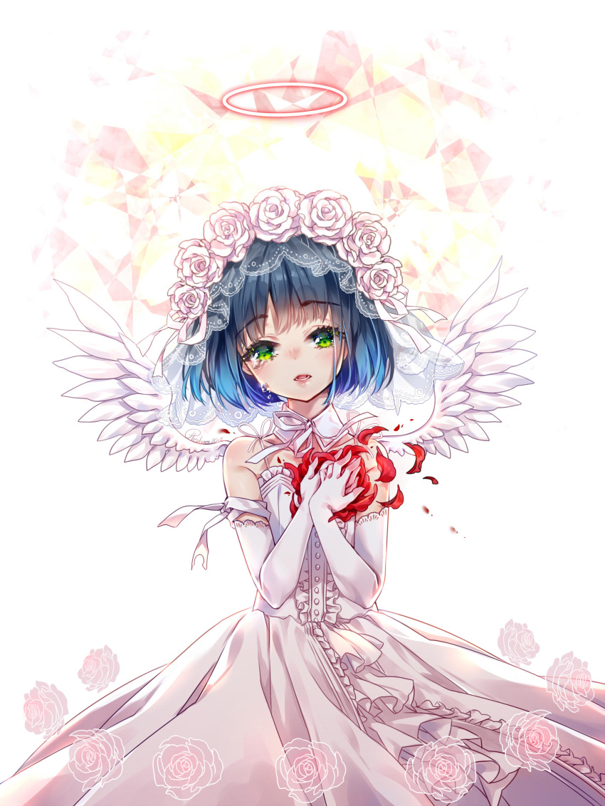 1boy absurdres angel_wings bangs bare_shoulders blue_hair bride collarbone collared_shirt commission crying crying_with_eyes_open dress flower frills gloves gradient_hair green_eyes hair_flower hair_ornament hands_on_own_chest hieihirai highres looking_at_viewer multicolored_hair open_mouth otoko_no_ko ribbon ryoune_yami shirt smile tearing_up tears upper_body utau veil wings