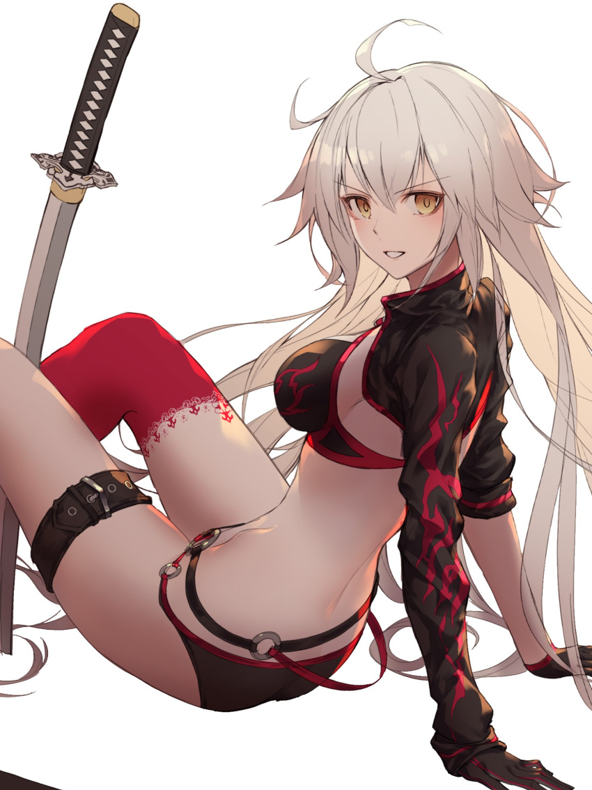 1girl :d ahoge arm_support arms_behind_back asymmetrical_legwear bangs bikini black_bikini black_jacket blush breasts brown_eyes buckle commentary_request eyebrows_visible_through_hair fate/grand_order fate_(series) gloves godoju hair_between_eyes high_collar highres jacket jeanne_d'arc_(alter_swimsuit_berserker) jeanne_d'arc_(fate)_(all) katana large_breasts leaning_back long_hair looking_at_viewer looking_to_the_side o-ring o-ring_bottom open_mouth planted_sword planted_weapon reclining red_legwear sheath shrug_(clothing) silver_hair single_thighhigh sitting smile solo swimsuit sword thigh-highs thigh_strap unsheathed v-shaped_eyebrows very_long_hair weapon white_background yellow_eyes