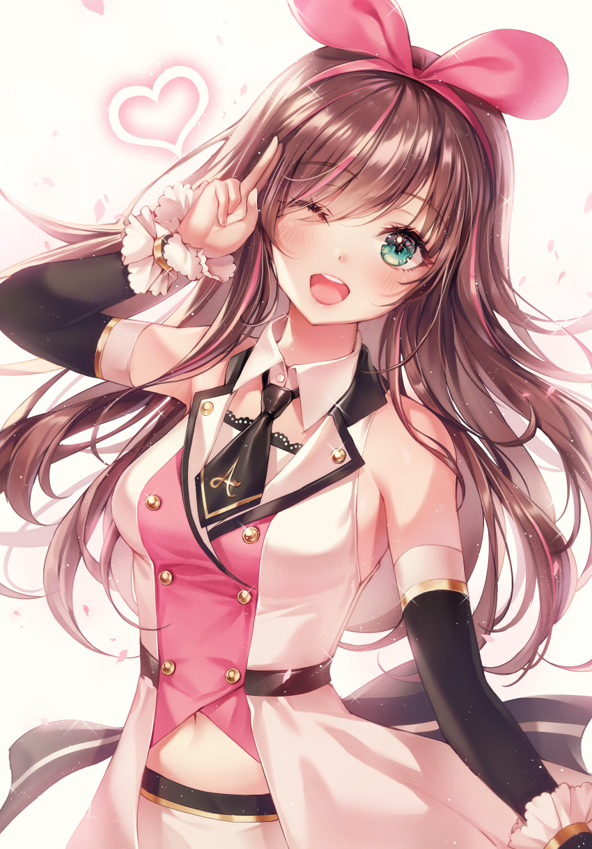 1girl ;d a.i._channel absurdres bangs black_neckwear blue_eyes blush bow breasts brown_hair detached_sleeves eyebrows_visible_through_hair gold_trim hairband head_tilt heart highres kizuna_ai light_particles long_hair looking_at_viewer medium_breasts multicolored_hair necktie one_eye_closed open_mouth pink_hair pink_hairband ribbon shirt shorts smile solo sparkle streaked_hair ttosom v virtual_youtuber youtube