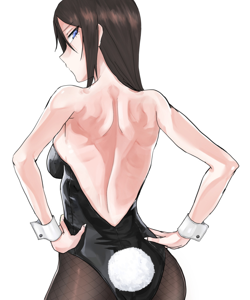 1girl ass back backless_outfit black_hair black_leotard blue_eyes bunny_tail bunnysuit commentary fake_tail fishnet_pantyhose fishnets from_behind girls_und_panzer glaring hair_over_shoulder half-closed_eyes hands_on_hips highres leotard long_hair looking_at_viewer looking_back nonna pantyhose shoulder_blades simple_background solo standing strapless strapless_leotard tail toku_(yhpv8752) upper_body white_background wrist_cuffs