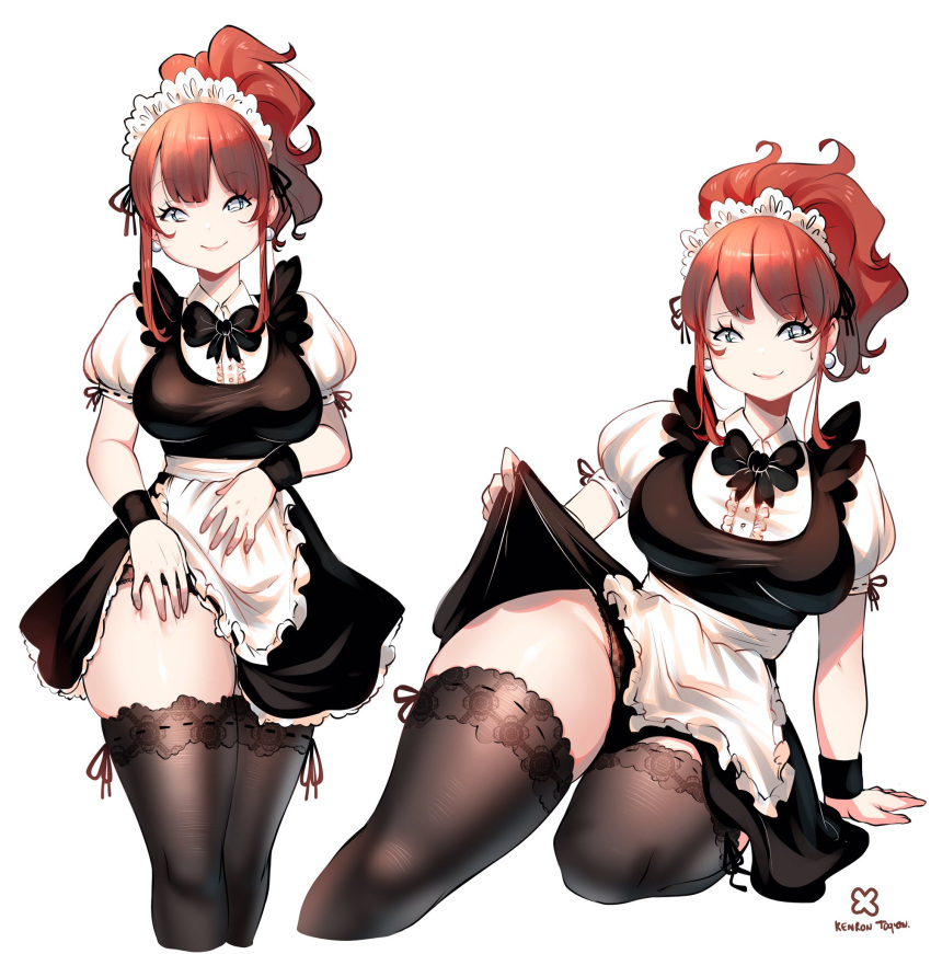 1girl alternate_costume apron black_dress black_legwear brown_hair clothes_lift commentary dress dress_lift earrings english_commentary enmaided eyebrows_visible_through_hair feet_out_of_frame frilled_apron frills highres jewelry kenron_toqueen long_hair looking_at_viewer maid maid_headdress multiple_views original ponytail puffy_short_sleeves puffy_sleeves short_sleeves simple_background smile thigh-highs tomatita white_background white_eyes