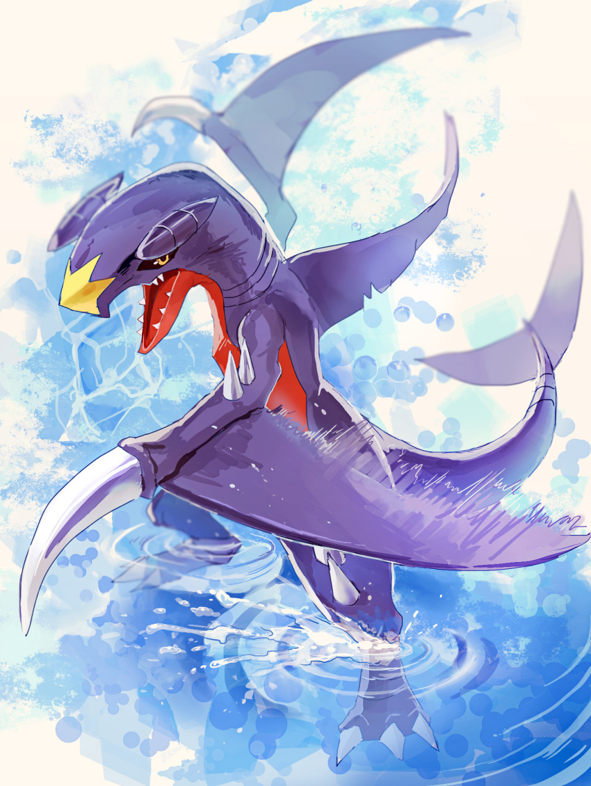 arms_up black_sclera blue_background claws dragon full_body garchomp gen_4_pokemon highres looking_at_viewer motion_blur nagakura_(seven_walkers) no_humans open_mouth pokemon pokemon_(creature) sharp_teeth solo spikes standing teeth wading water yellow_eyes