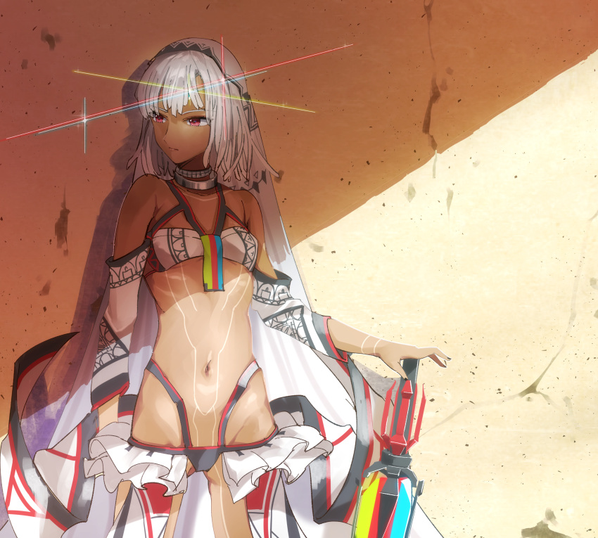 1girl absurdres altera_(fate) bangs bare_shoulders black_nails blunt_bangs breasts choker collarbone commentary_request dark_skin detached_sleeves fate/extella fate/extra fate_(series) full_body_tattoo headdress highres hip_focus jewelry ka_(mauve_p) midriff nail_polish navel photon_ray red_eyes revealing_clothes short_hair showgirl_skirt simple_background skirt small_breasts solo sword tan tattoo thighs veil weapon white_hair wide_hips