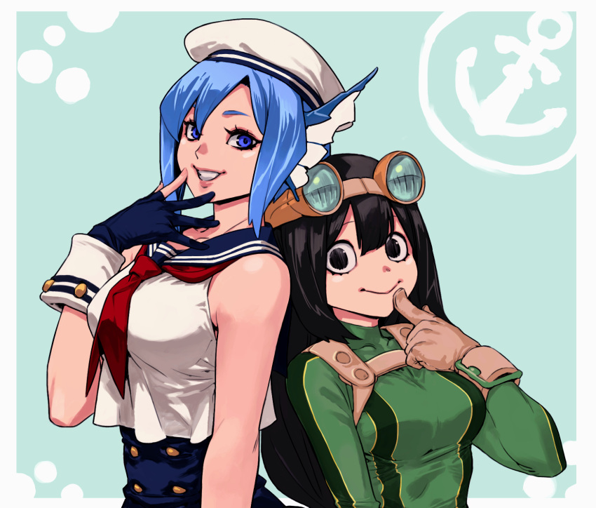 2girls archvermin asui_tsuyu bare_shoulders black_hair blue_background blue_eyes blue_hair bodysuit boku_no_hero_academia breasts finger_to_mouth gloves goggles goggles_on_head grin hat head_fins highres long_hair looking_at_viewer medium_breasts multiple_girls red_neckwear sailor_collar sailor_hat short_hair simple_background sirius_(boku_no_hero_academia) sleeveless smile upper_body