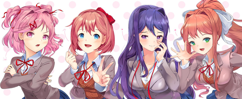 4girls :d anadaginda blue_eyes bow brown_hair commentary crossed_arms doki_doki_literature_club english_commentary green_eyes grey_jacket hair_bow hair_ornament hair_ribbon hairclip highres jacket leaning_forward long_hair looking_at_viewer monika_(doki_doki_literature_club) multiple_girls natsuki_(doki_doki_literature_club) open_mouth pink_eyes pink_hair polka_dot polka_dot_background ponytail purple_hair red_bow red_ribbon ribbon sayori_(doki_doki_literature_club) school_uniform short_hair smile two_side_up violet_eyes w waving white_ribbon yuri_(doki_doki_literature_club)