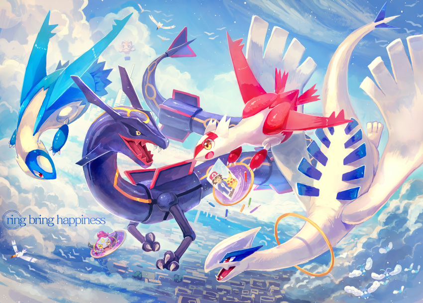 aircraft bird black_sclera blue_sky building city claws closed_eyes clouds commentary_request day dragon dutch_angle english_text engrish_text eye_contact fangs flying full_body gen_1_pokemon gen_2_pokemon gen_3_pokemon gen_6_pokemon happy highres hoopa horns hot_air_balloon imp latias latios looking_at_another lugia meowth nagakura_(seven_walkers) no_humans open_mouth paper pencil picture_(object) pikachu pokemon pokemon_(anime) pokemon_(creature) ranguage rayquaza red_eyes satoshi_(pokemon) shiny sky skyscraper smile wingull yellow_eyes yellow_sclera