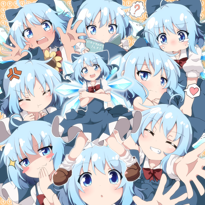 (9) 6+girls :&gt; :3 :d :t ? ahoge anger_vein blue_bow blue_dress blue_eyes blue_hair blush blush_stickers book bow cirno commentary_request crossed_arms crying crying_with_eyes_open do_(4-rt) dress eyebrows_visible_through_hair facing_viewer fang fang_out grin hair_bow heart highres ice ice_wings large_bow looking_at_viewer multiple_girls multiple_persona open_mouth pout puffy_short_sleeves puffy_sleeves reading shaded_face short_hair short_sleeves smile spoken_heart symbol-shaped_pupils tan tanned_cirno tears teeth thought_bubble touhou translated trembling v-shaped_eyebrows wings
