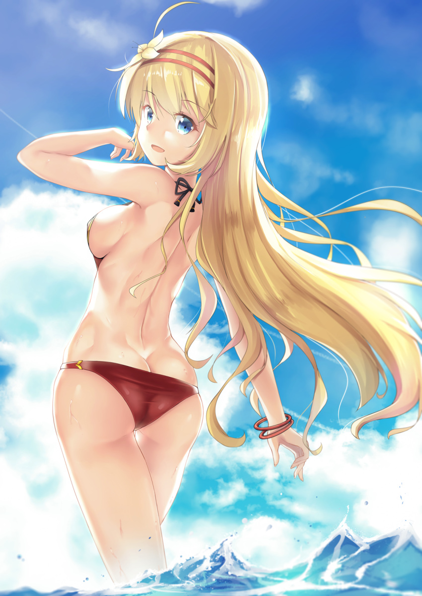 1girl :d ahoge armpit_peek artemia_(king's_raid) ass backless_outfit bangle bangs bare_arms bare_back bare_shoulders black_ribbon blonde_hair blue_eyes bracelet breasts butt_crack casual_one-piece_swimsuit clouds cloudy_sky commentary day english_commentary eyebrows_visible_through_hair fingernails floating_hair flower hair_flower hair_ornament hairband hand_up highres jewelry joko_jmc king's_raid long_hair looking_at_viewer looking_back medium_breasts mixed-language_commentary one-piece_swimsuit open_mouth red_hairband red_swimsuit ribbon shiny shiny_hair sideboob sidelocks sky smile solo standing sunlight swimsuit thighs very_long_hair wading water wet yellow_flower