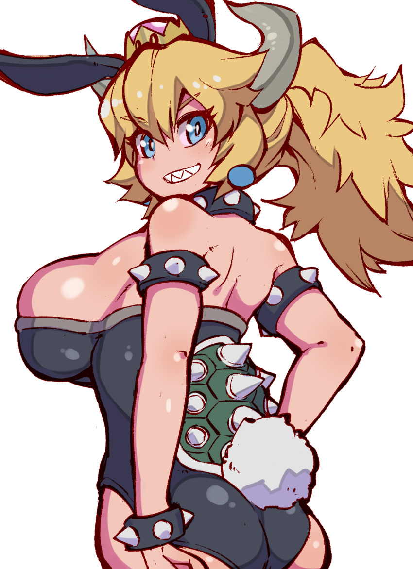 1girl adapted_costume animal_ears armlet ass back bangs bare_shoulders black_leotard blonde_hair blue_eyes bowsette bracelet breasts bunny_tail bunnysuit check_commentary clenched_teeth collar commentary commentary_request cowboy_shot crown earrings eyebrows_visible_through_hair fake_animal_ears fake_tail from_side fukurou_(owl222) grin hair_between_eyes high_ponytail highres horns impossible_clothes impossible_leotard jewelry large_breasts leotard looking_at_viewer looking_back looking_to_the_side super_mario_bros. medium_hair new_super_mario_bros._u_deluxe ponytail rabbit_ears sharp_teeth short_hair sideboob simple_background smile solo spiked_armlet spiked_bracelet spiked_collar spiked_shell spikes standing strapless strapless_leotard super_crown tail teeth turtle_shell v-shaped_eyebrows white_background