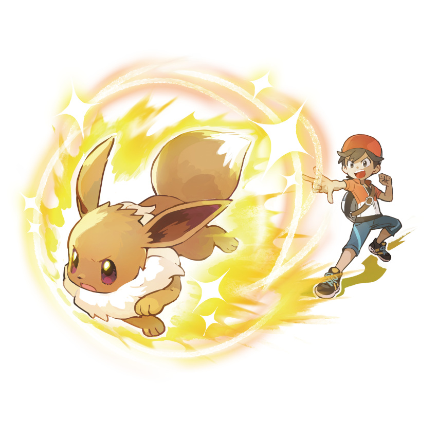 1boy arm_up artist_request backpack bag baseball_cap black_eyes black_hair blue_shorts child clenched_hand commentary eevee english_commentary full_body gen_1_pokemon hand_up hat highres kakeru_(pokemon) looking_at_another male_focus mizutani_megumi official_art open_mouth outline outstretched_arm pokemon pokemon_(creature) pokemon_(game) pokemon_lgpe red_headwear red_shirt running shirt shoes short_hair short_sleeves shorts smile sparkle standing teeth transparent_background undershirt violet_eyes white_outline yellow_footwear
