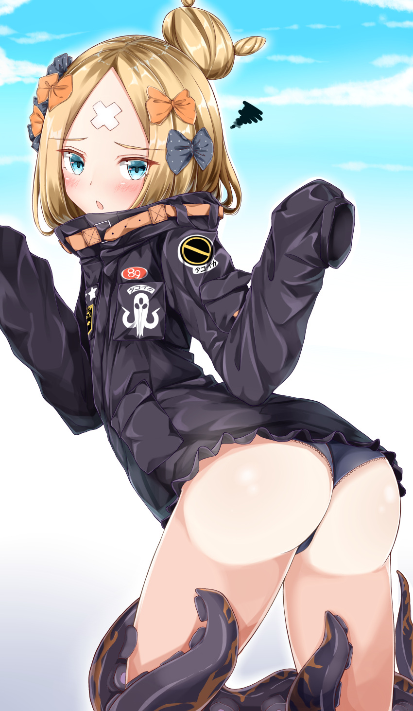 1girl abigail_williams_(fate/grand_order) absurdres ass bangs black_bow black_jacket black_panties blonde_hair blue_eyes blue_sky blush bow clouds crossed_bandaids day eyebrows_visible_through_hair fate/grand_order fate_(series) gradient gradient_background grey_background hair_bow hair_bun hands_up highres jacket leaning_forward long_hair long_sleeves moyoron orange_bow panties parted_bangs parted_lips polka_dot polka_dot_bow sky sleeves_past_fingers sleeves_past_wrists solo squiggle star suction_cups tentacles underwear white_background