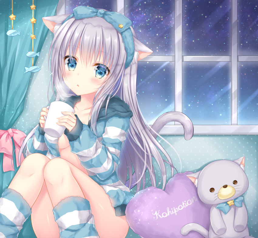 1girl animal_ears bangs blush breasts cat_ears cat_girl cat_tail commentary_request convenient_leg cup curtains grey_hair hair_between_eyes hair_ribbon highres holding indoors knees_together_feet_apart kohinata_hoshimi long_hair looking_at_viewer medium_breasts mug no_bra no_panties open_clothes original parted_lips pillow polka_dot ribbon sideboob sitting socks solo sparkle star striped striped_legwear stuffed_animal stuffed_toy tail window