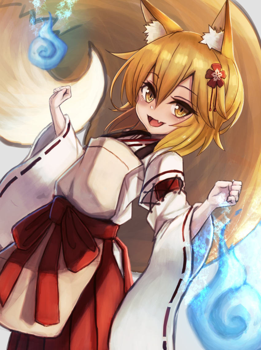 1girl animal_ear_fluff animal_ears bangs blonde_hair clenched_hand commentary dutch_angle eyebrows_visible_through_hair fang flower fox_ears fox_girl fox_tail hair_between_eyes hair_flower hair_ornament hakama_skirt highres hitodama japanese_clothes long_sleeves looking_at_viewer miko open_mouth red_skirt ribbon_trim senko_(sewayaki_kitsune_no_senko-san) sewayaki_kitsune_no_senko-san shirt short_hair skin_fang skirt smile solo standing tacch tail w_arms white_shirt wide_sleeves yellow_eyes