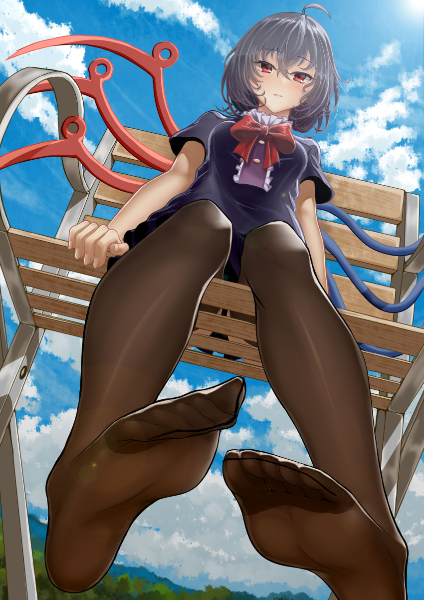 1girl absurdres ahoge asymmetrical_wings bench black_hair black_legwear black_panties blush bow bowtie c.rabbit chair clouds commentary dress eyebrows_visible_through_hair feet foreshortening frilled_shirt_collar frills from_below hair_between_eyes highres houjuu_nue huge_bowtie looking_at_viewer microdress panties pantyshot parted_lips pov_feet red_eyes short_sleeves sitting sky soles thigh-highs toes touhou underwear wings