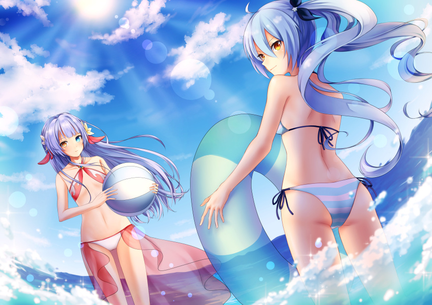2girls absurdres ahoge ass ball bangs bare_arms bare_back bare_shoulders bikini blue_bikini blue_eyes blue_hair blue_innertube blue_ribbon blunt_bangs breasts closed_mouth clouds cloudy_sky collarbone commentary_request criss-cross_halter day expressionless flat_chest floating_hair flower hair_between_eyes hair_flower hair_intakes hair_ornament hair_ribbon halterneck heterochromia highres holding holding_ball holding_innertube innertube kara_(king's_raid) king's_raid lavender_hair lens_flare light_particles light_rays long_hair looking_at_viewer looking_back multiple_girls navel ocean ositi0528 outdoors red_bikini red_sarong ribbon sarong shiny shiny_hair shoulder_blades side-tie_bikini sidelocks sky small_breasts smile sonia_(king's_raid) standing striped striped_bikini sun sunbeam sunlight swimsuit twintails very_long_hair wading wavy_hair wind yellow_eyes yellow_flower