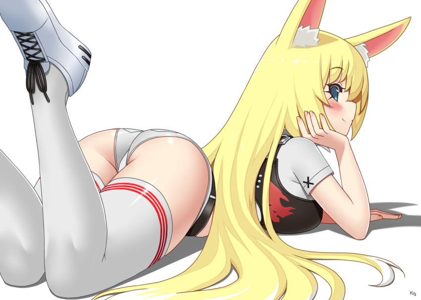 1girl alice_(flanaki) animal_ear_fluff animal_ears aqua_eyes ass bangs belt blonde_hair blush borrowed_character chin_rest closed_mouth commentary cross-laced_clothes cross-laced_footwear english_commentary hair_spread_out kuroonehalf legs_up long_hair looking_at_viewer lying micro_shorts on_stomach original shoelaces shoes shorts simple_background smile sneakers solo thigh-highs trefoil very_long_hair white_background white_footwear white_legwear white_shorts