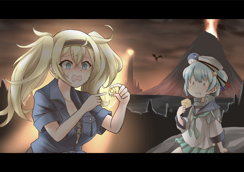 0_0 2girls absurdres alternate_universe backlighting blonde_hair blue_hair blue_shirt commentary crossover dark_sky double_bun eating enemy_lifebuoy_(kantai_collection) eye_of_sauron fantasy gambier_bay_(kantai_collection) hair_ornament hat highres holding jewelry kantai_collection letterboxed lord_of_the_rings miniskirt mordor multiple_girls outdoors parody pleated_skirt pointing ring samuel_b._roberts_(kantai_collection) shaded_face shirt short_sleeves skirt suke_(share_koube) the_one_ring tied_shirt tower twintails volcano wavy_mouth whale