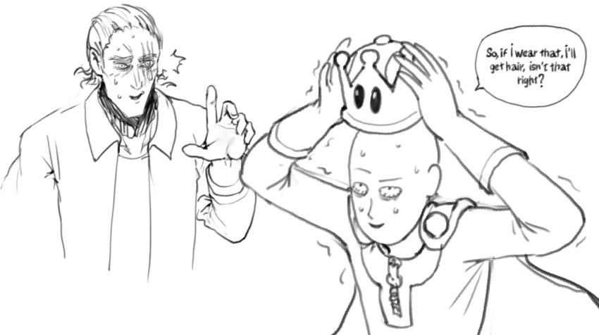 /\/\/\ 2boys bald bodysuit cape crossover crown english_text gloves greyscale hands_above_head holding jacket king_(one-punch_man) male_focus super_mario_bros. monochrome multiple_boys new_super_mario_bros._u_deluxe one-punch_man saitama_(one-punch_man) sanpaku scar shirt simple_background sketch super_crown sweatdrop the_golden_smurf trembling white_background zipper
