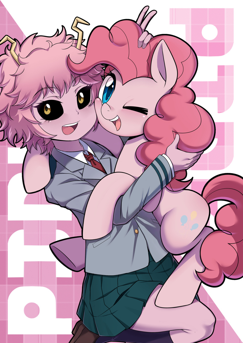 1girl :d ;d absurdres ashido_mina black_sclera blazer blue_eyes boku_no_hero_academia brown_eyes caibao cheek-to-cheek collared_shirt color_connection commentary_request crossover eyebrows_visible_through_hair hand_on_another's_head highres horns horse hug jacket long_hair long_sleeves looking_at_viewer my_little_pony necktie one_eye_closed open_mouth pink_hair pinkie_pie purple_hair purple_skin school_uniform seiza shirt shoes short_hair sitting skirt smile socks tattoo u.a._school_uniform upper_teeth v wing_collar