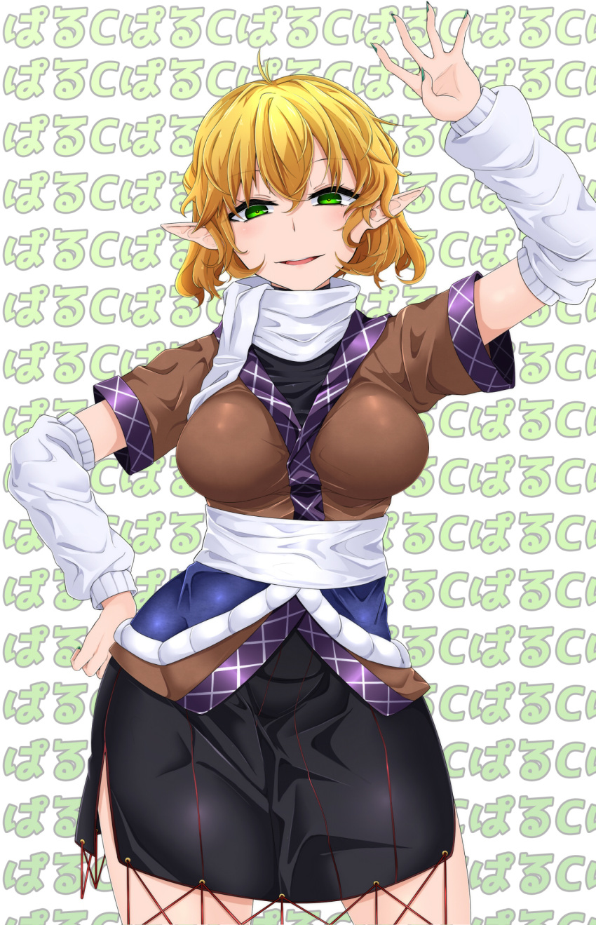 1girl antenna_hair arm_up arm_warmers bangs black_skirt blonde_hair blouse blush breasts brown_blouse commentary_request cowboy_shot eyebrows_visible_through_hair green_eyes green_nails hair_between_eyes hand_on_hip highres large_breasts looking_at_viewer mizuhashi_parsee nail_polish open_mouth pencil_skirt pointy_ears rihito_(usazukin) sash scarf short_hair short_sleeves side_slit skirt smile solo standing text_focus thighs touhou translated white_background white_sash white_scarf
