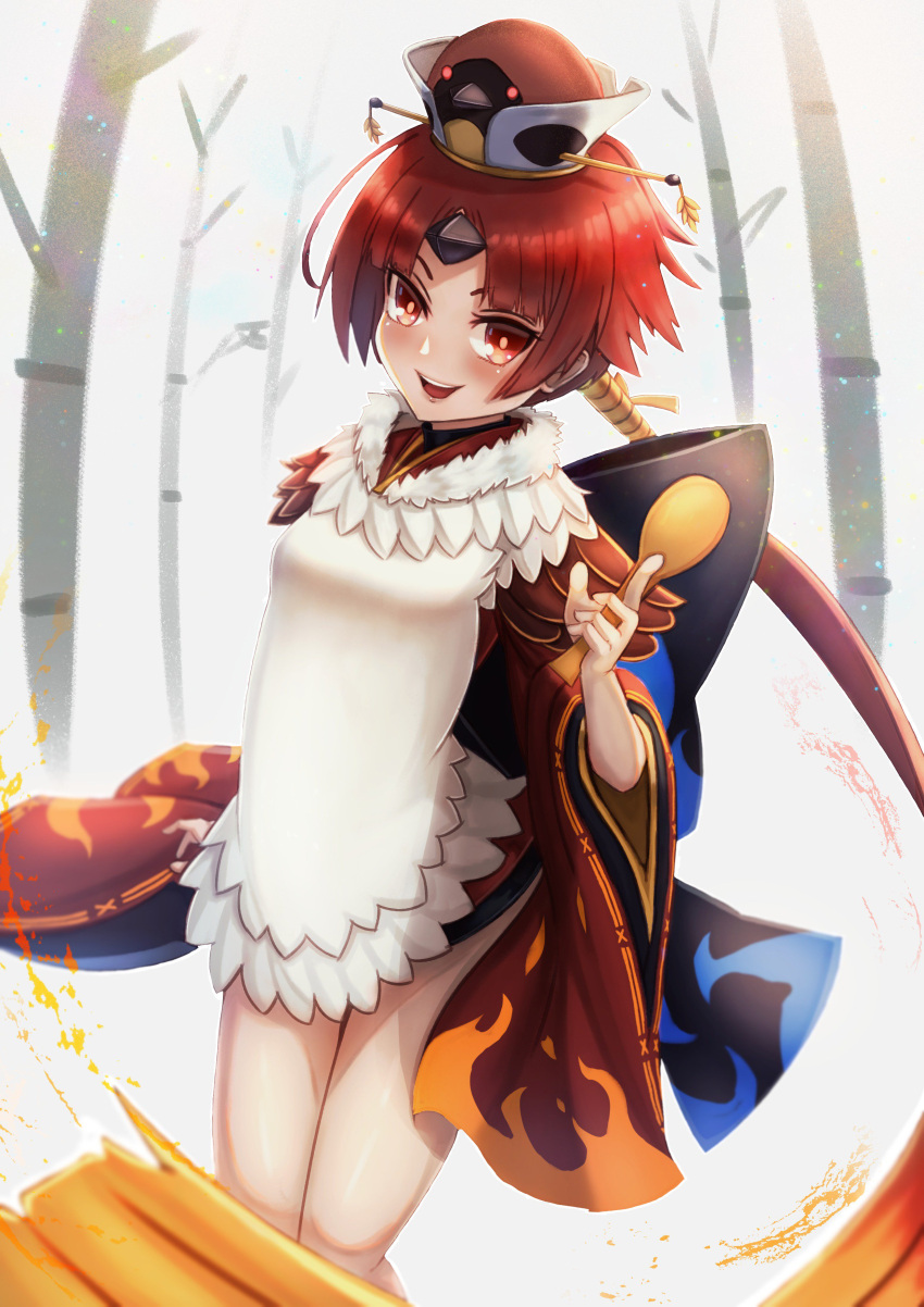 1girl absurdres bamboo bangs benienma_(fate/grand_order) black_headwear commentary cowboy_shot day dutch_angle fate/grand_order fate_(series) hat highres holding japanese_clothes kimono long_hair long_sleeves looking_at_viewer open_mouth outdoors ponytail red_eyes redhead short_kimono smile solo standing tacch very_long_hair white_sky wide_sleeves