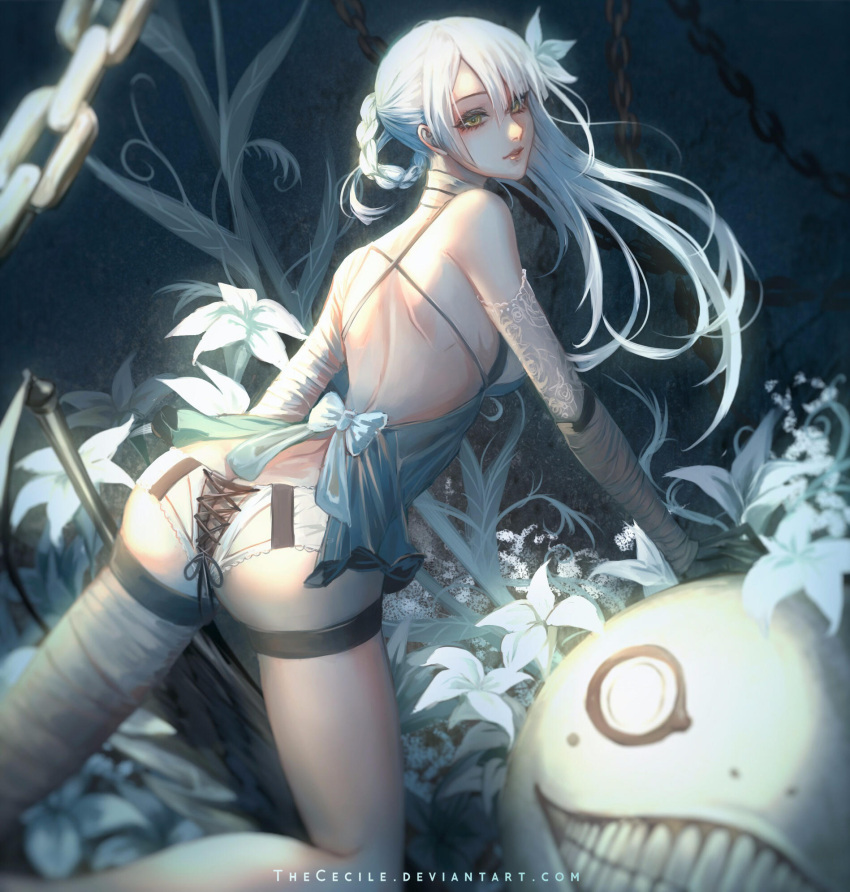 1girl ass asymmetrical_hair back bandaged_leg bandages braid breasts commentary emil_(nier) english_commentary field flower flower_field from_behind hair_flower hair_ornament hair_rings highres kaine_(nier) lingerie long_hair looking_back making-of_available medium_breasts negligee nier nier_(series) night orchid solo the_cecile underwear watermark weapon web_address white_hair yellow_eyes