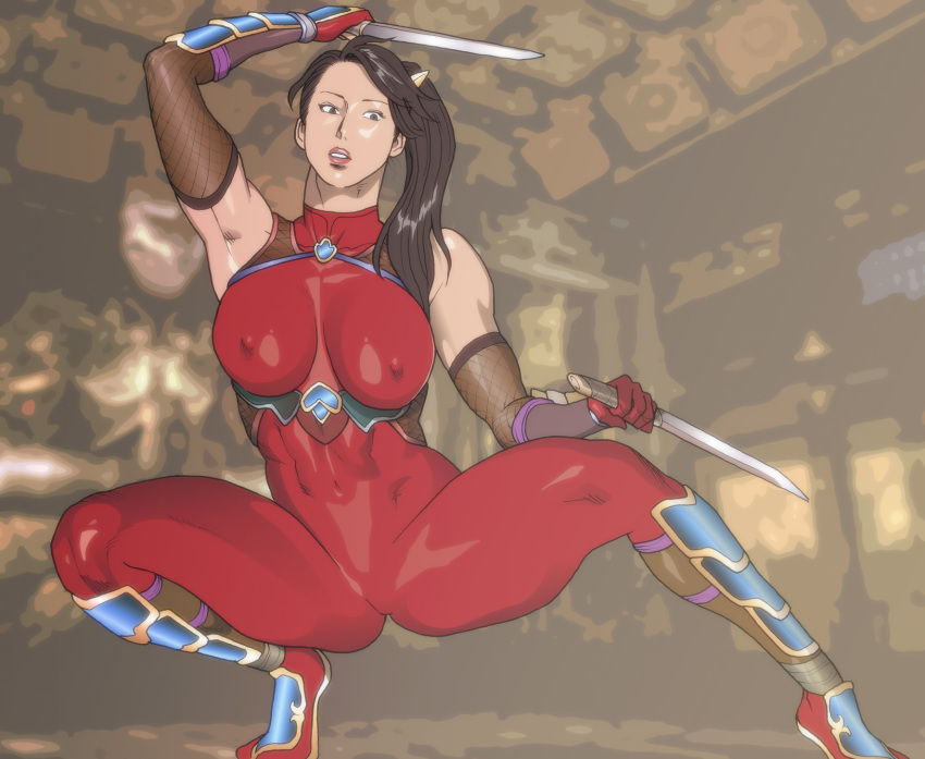 1girl abs arm_up armor armpits bare_shoulders bodysuit breasts brown_hair covered_nipples elbow_gloves fingerless_gloves fishnet_fabric gloves highres large_breasts long_hair nappii_(nappy_happy) navel ninja ponytail skin_tight solo soulcalibur squatting sword taki_(soulcalibur) weapon