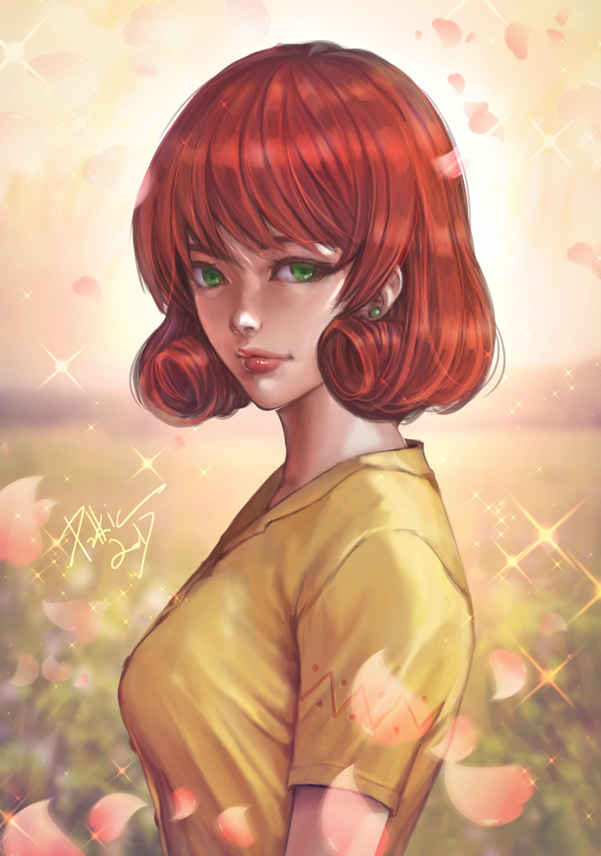 1girl absurdres bangs breasts commentary david_mccartney day english_commentary green_earrings green_eyes highres lips looking_at_viewer medium_breasts outdoors penny_(stardew_valley) petals profile redhead shiny shiny_hair shirt short_sleeves signature solo sparkle standing stardew_valley sunlight yellow_shirt