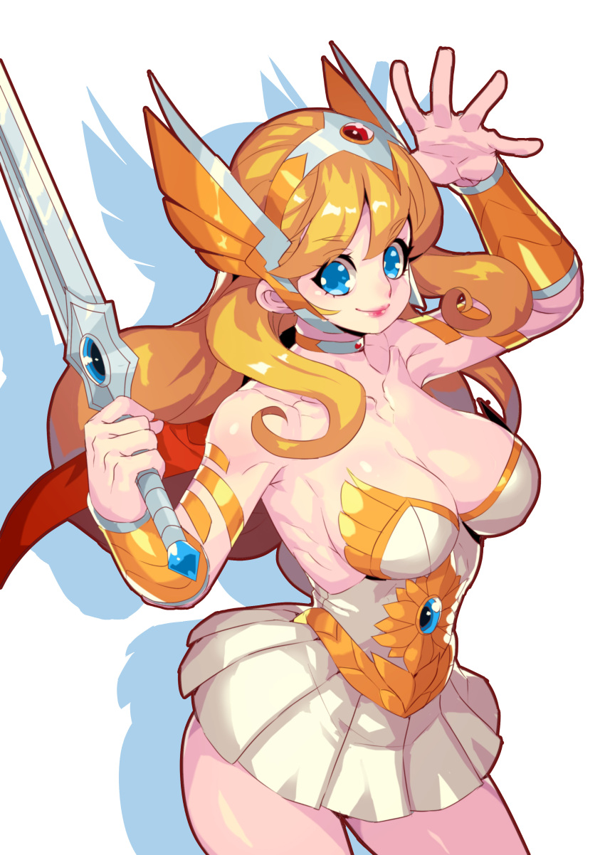 1girl absurdres blonde_hair blue_eyes breasts cape fantasy fengmo headgear highres large_breasts long_hair looking_at_viewer masters_of_the_universe she-ra simple_background skirt smile solo sword weapon white_background