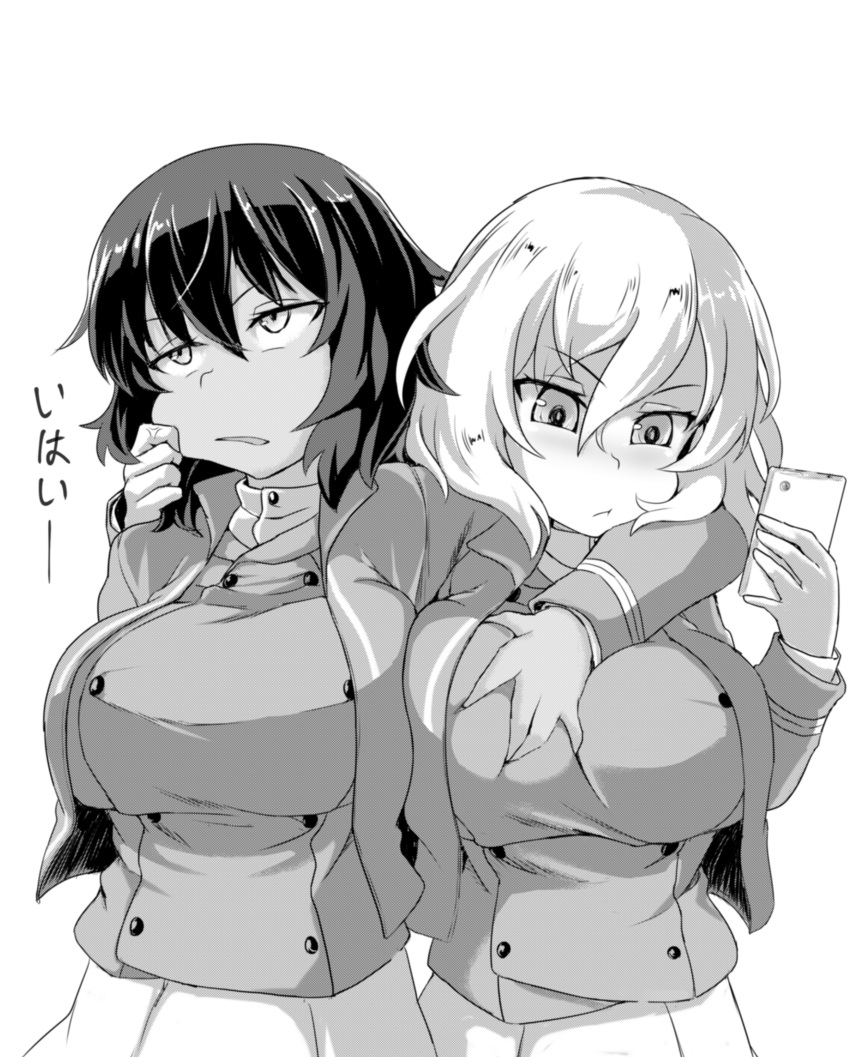 2girls absurdres andou_(girls_und_panzer) angry arm_around_neck bangs bc_freedom_military_uniform breast_grab breasts cellphone cheek_pinching closed_mouth dark_skin dress_shirt eyebrows_visible_through_hair frown girls_und_panzer grabbing greyscale high_collar highres holding holding_cellphone holding_phone jacket large_breasts long_sleeves looking_away medium_hair military military_uniform monochrome multiple_girls oshida_(girls_und_panzer) parted_lips phone pinching pleated_skirt shanaharuhi shirt skirt smartphone standing translated uniform upper_body v-shaped_eyebrows vest yuri