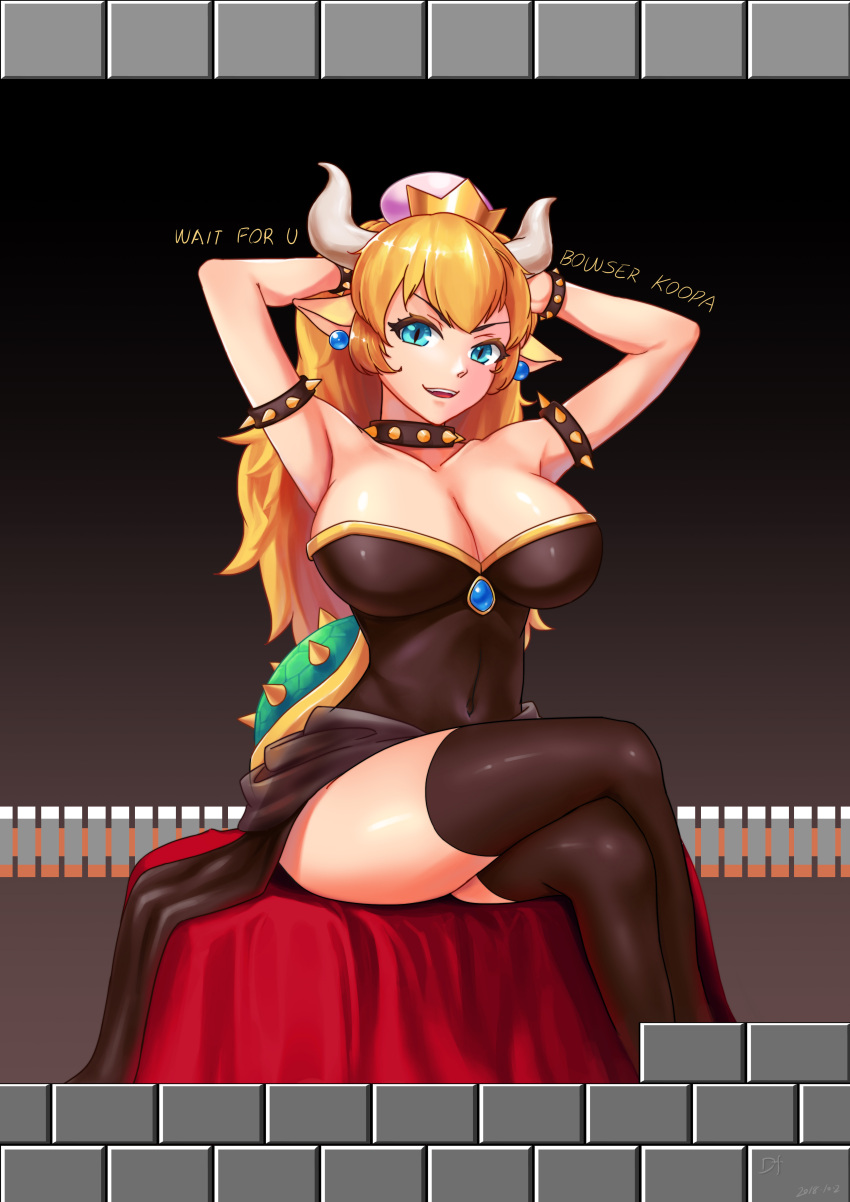 1girl 8-bit absurdres aqua_eyes armpits bangs black_legwear black_leotard black_skirt blue_earrings bowsette bracelet breasts brooch character_name collar colored_eyelashes commentary_request covered_navel crossed_legs english_text engrish_text hair_between_eyes hand_in_hair highres huge_breasts jewelry leotard long_hair looking_at_viewer super_mario_bros. meiwei_doufu_gou new_super_mario_bros._u_deluxe open_clothes open_mouth open_skirt pointy_ears ranguage reflective_eyes shiny shiny_clothes shiny_skin sidelocks sitting skirt slit_pupils smile solo spiked_bracelet spiked_collar spiked_shell spikes strapless strapless_leotard super_crown super_mario_bros. thigh-highs thighs tsurime very_long_hair