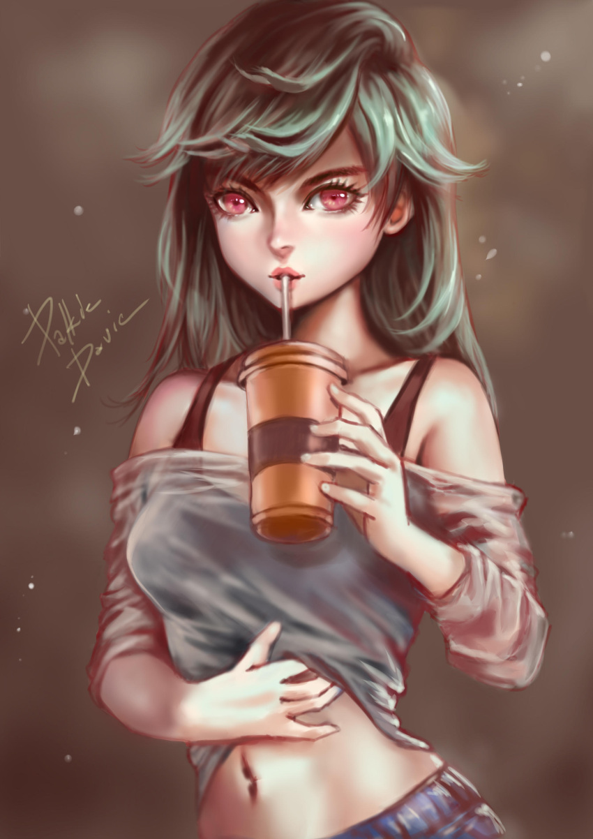 1girl absurdres black_undershirt blue_shorts brown_background commentary copyright_request cup david_mccartney drinking_straw eyelashes green_hair grey_shirt highres holding holding_cup looking_at_viewer navel off-shoulder_shirt off_shoulder parted_lips pink_eyes shirt shorts signature solo undershirt