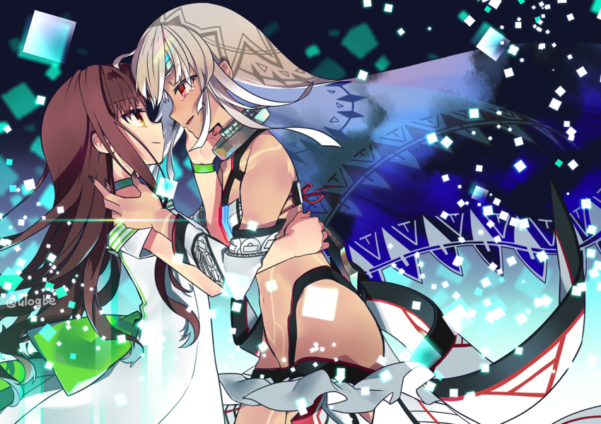 2girls altera_(fate) bangs bare_shoulders black_nails blunt_bangs breasts brown_eyes brown_hair choker closed_mouth commentary_request dark_skin detached_sleeves dress eyebrows_visible_through_hair fate/extella fate/extra fate_(series) fingernails full_body_tattoo hand_on_another's_back hand_on_another's_face headdress hip_focus jewelry kishinami_hakuno_(female) long_hair midriff multiple_girls nail_polish navel negi_(ulog'be) open_mouth red_eyes revealing_clothes short_hair showgirl_skirt skirt small_breasts stomach tan tattoo tears twitter_username veil white_dress white_hair white_skirt yuri